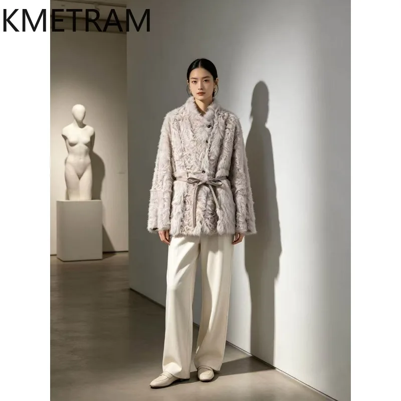 KMETRAM 100% Soft Xiaohu Sheep Shearling Fur Coat Woman Luxury Fur Jacket Mid Length Womens Winter Coats with Belt Шуба Женская