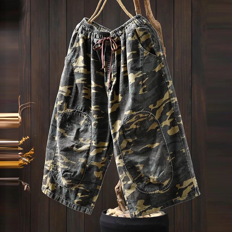 

Women Summer Knee Length Casual Jeans New Arrival 2025 Vintage Style Camouflage Pattern Loose Female Denim Harem Pants M1328