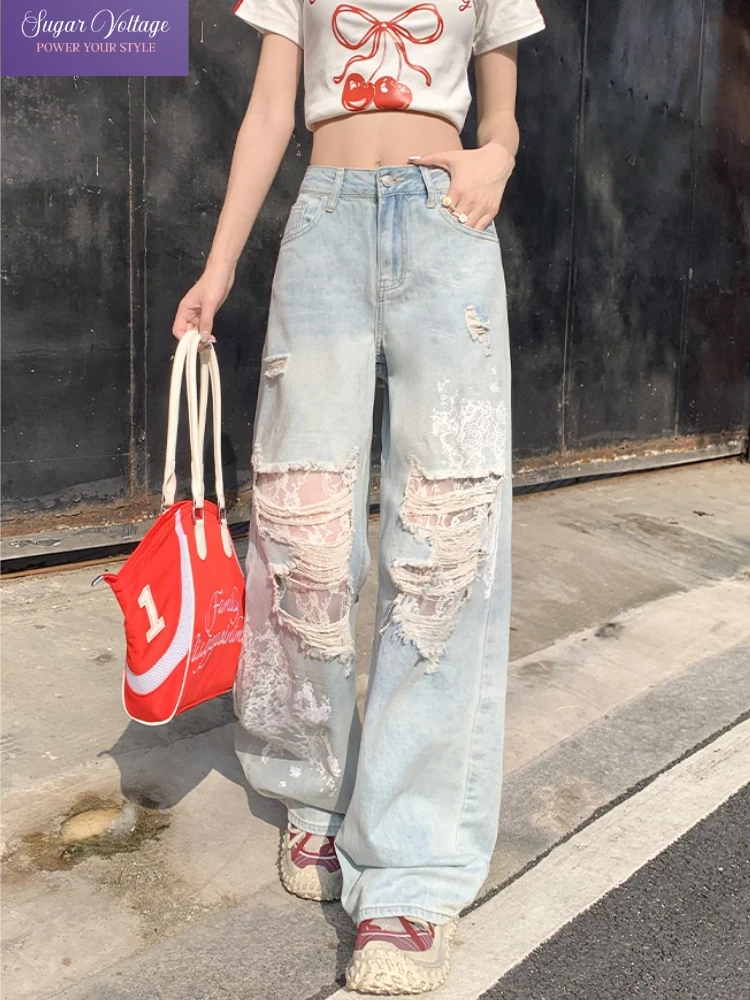 

Vintage Y2K Harajuku Lace Ripped Jeans Women Low Rise Light Wash Wide Leg Denim Pants 2025 Summer Retro Grunge Girl Trousers