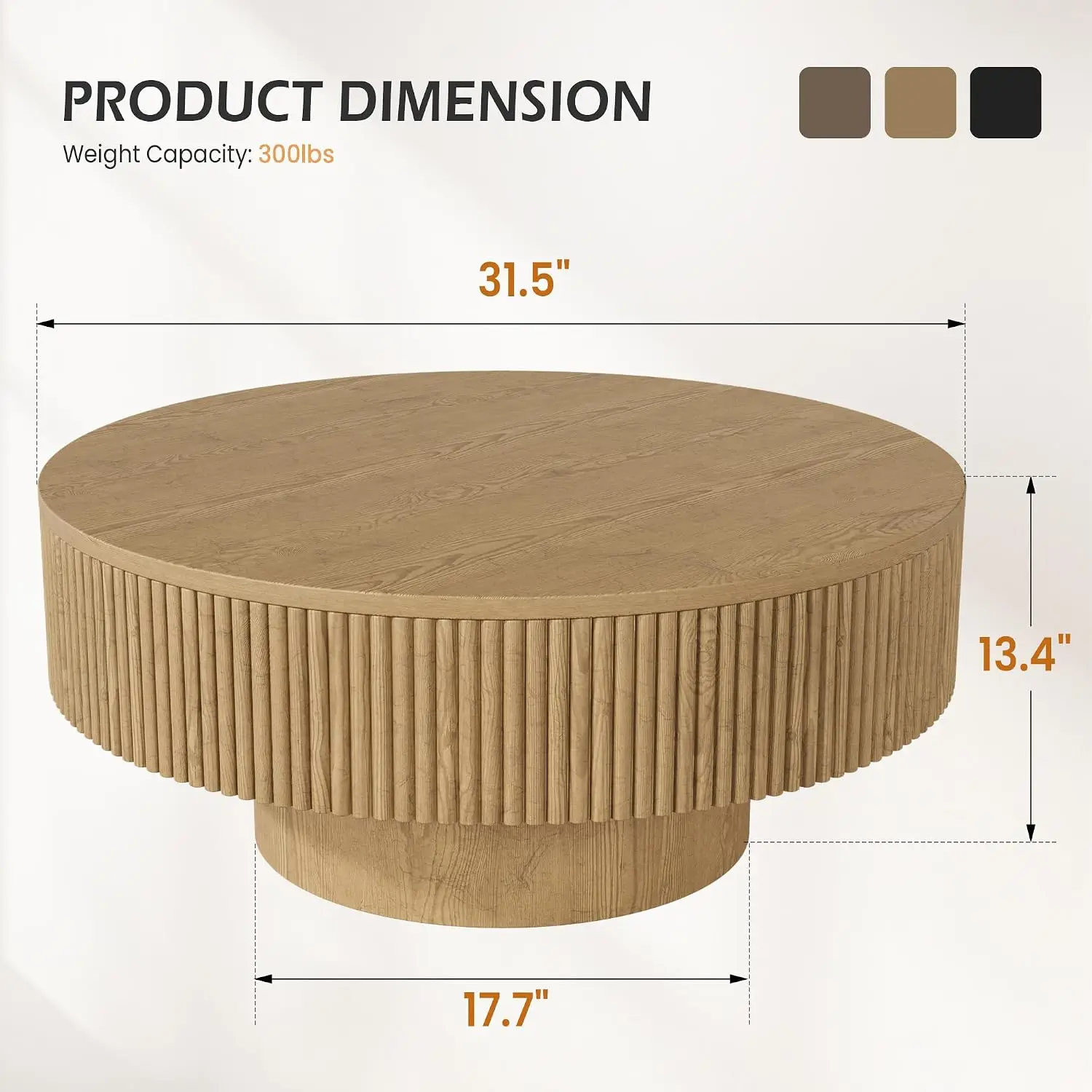 Round Fluted Wood Coffee Table, Modern Veneer Relief Design with Sturdy Pedestal for Living Room, Customized