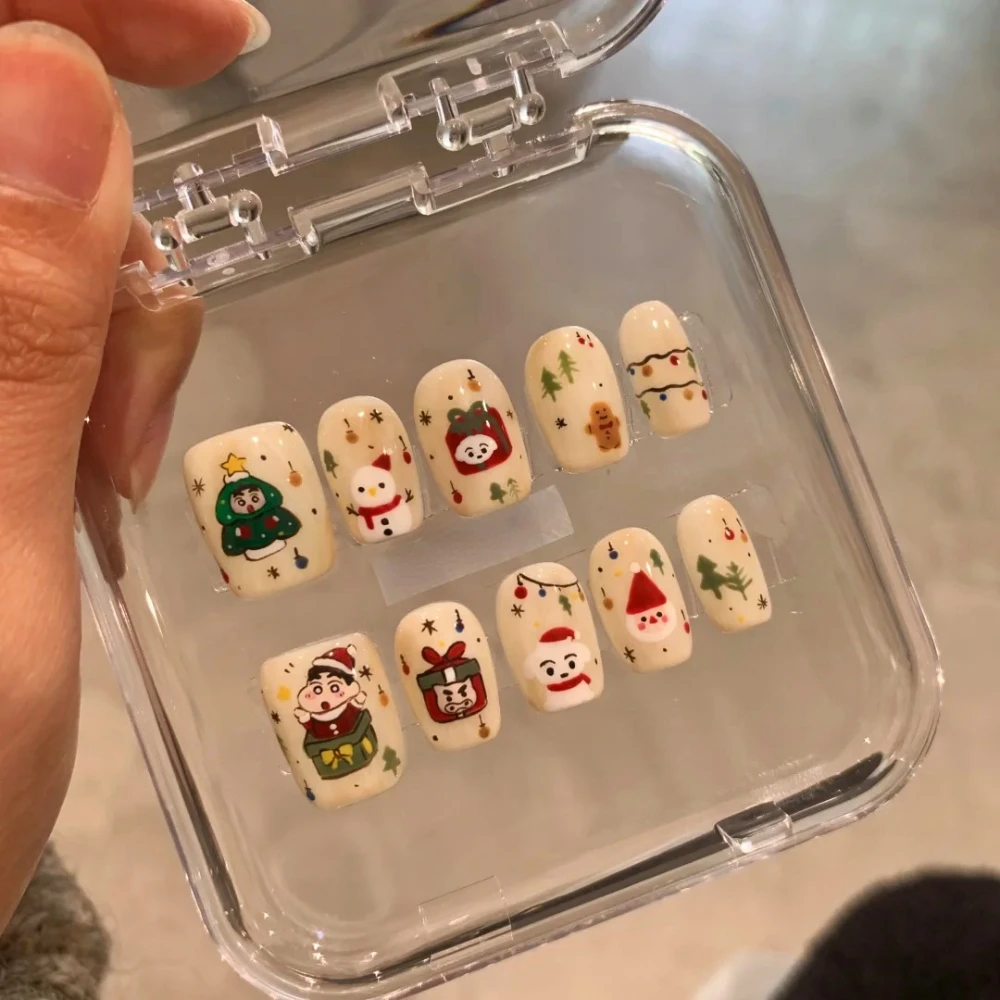 10 Pcs Handmade Press On Nails Christmas Nail Cute 3D Snowman Short Coffin Limited Fake Nails Design Art DIY Nails with Set