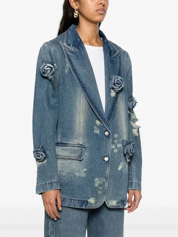 Detachable 3D three-dimensional flowers decorated denim jacket retro do old loose casualWomen's denim jacket 2024 spring new