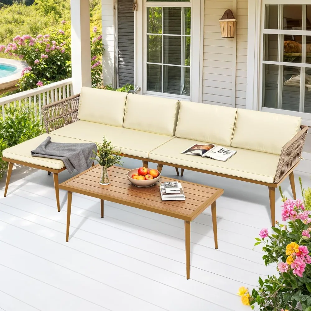 4 Pieces Patio Furniture Set, Sectional L-Shaped Sofa for Patio Backyard Poolside Porch, All-Weather Rattan Woven Conversation