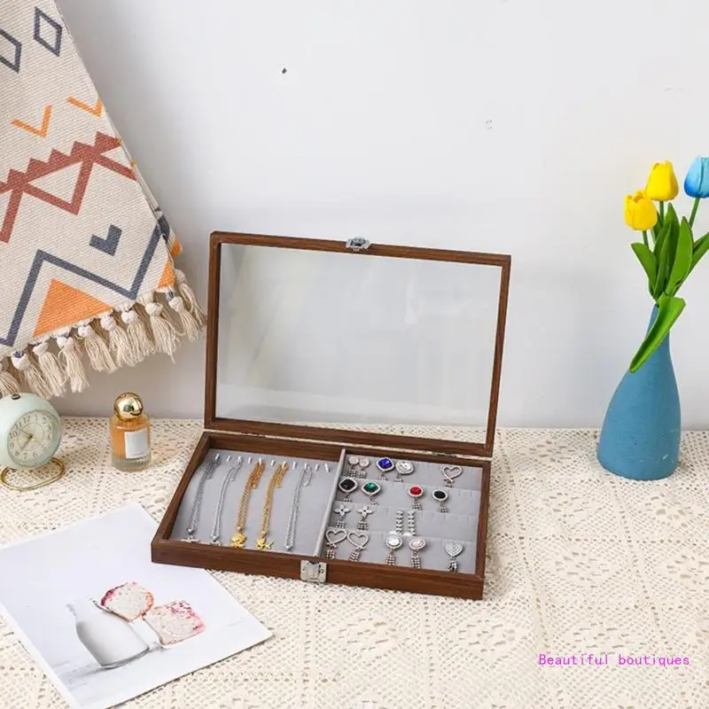 Multipurpose Jewelry Organizers Box Wood Earring Organizers Box with Multi Slots and Clear Lid for Accessory Display DropShip