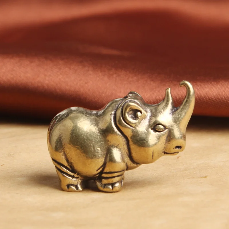 Antique Solid Brass Rhinoceros Figurine Desktop Decor Ornaments Tea Pet Animal Exquisite Statue DIY Accessories Gift