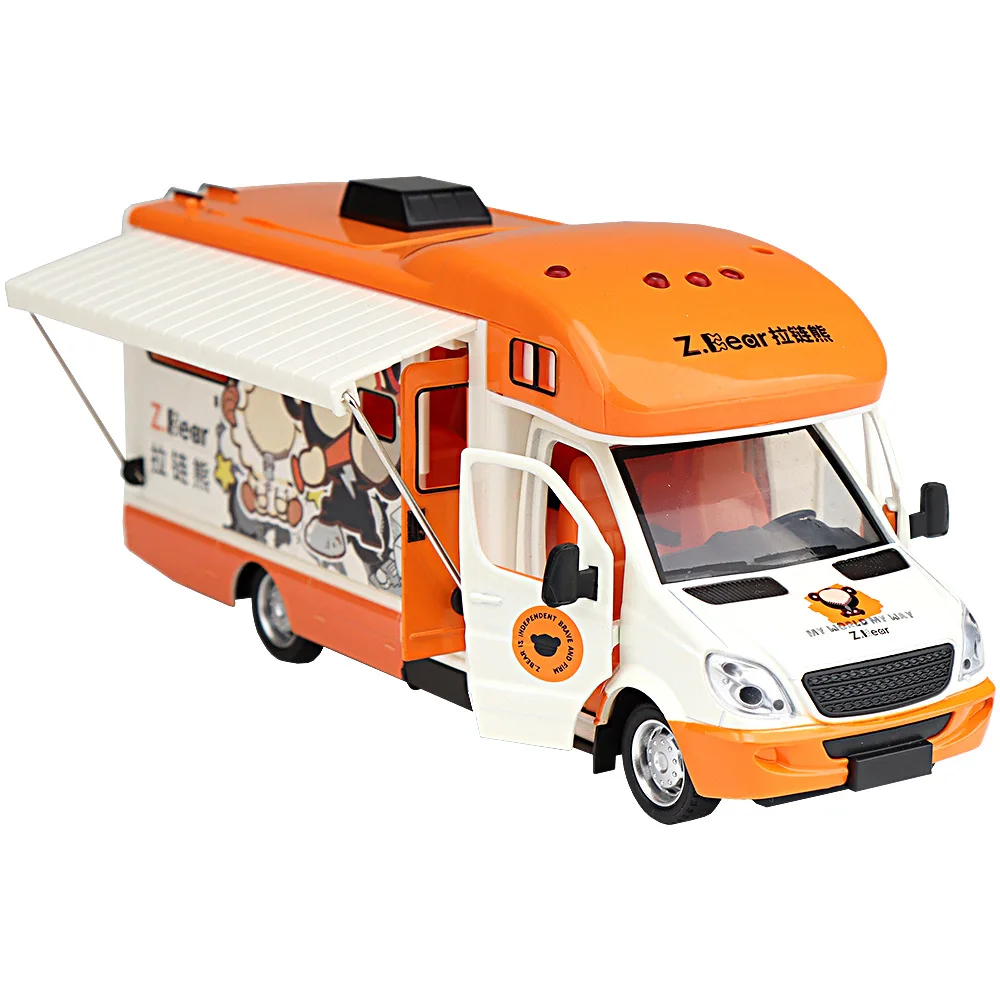 1:32 Camping RV Alloy Diecast Car Model Miniature Toys Sound Light Doors Opened Pull Back Festival Gifts for Kids