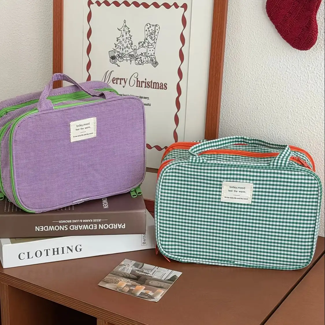 YT Multi-layer Portable Makeup Bag with Multi-functional Compartments, Green and Purple Grids, Large Capacity Travel Toiletry Ba