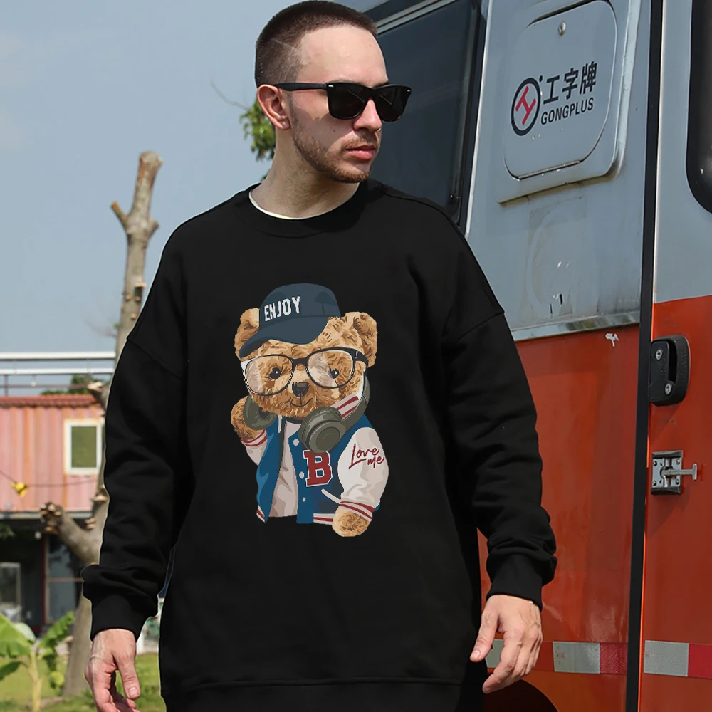 Hip Hop Trend Teddy Bear Men Cotton Sweatshirt High Street Fashion Cool Long Sleeves Casual Oversize Hoodies Trend Mans Pullover