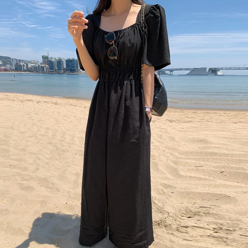 시크한 여름 빈티지 스퀘어 칼라 브라이드메이드 롬퍼 롱 팬츠 여성용 하이웨이스트 슬리밍 와이드 레그 점프수트 쇄골 노출