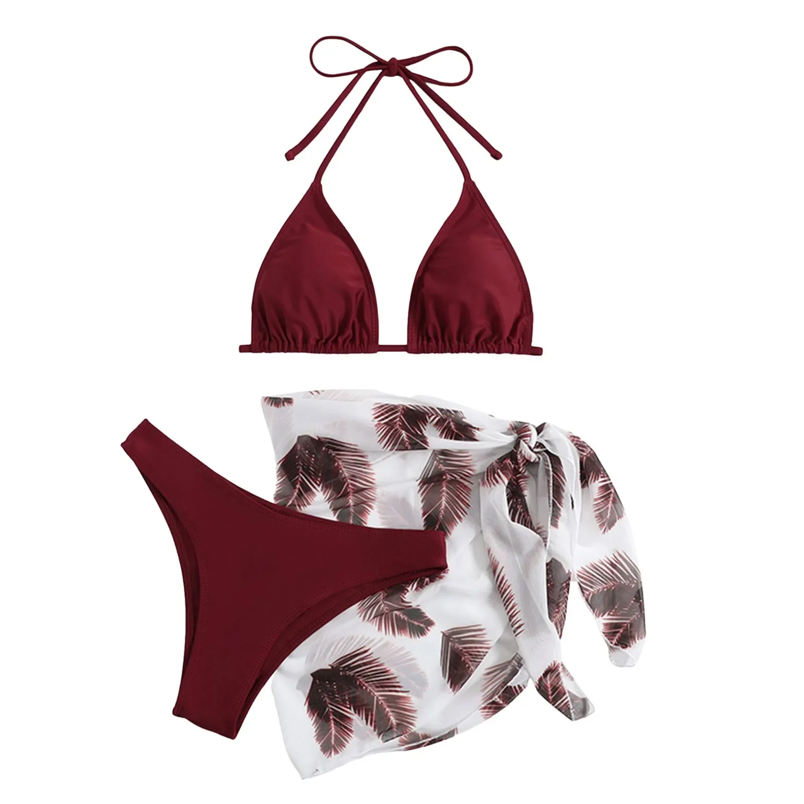 Women'S 3 Piece Bikini Set Triangle Cheeky Bathing Suits Cute Printing Swimsuits With Cover Up Skirt