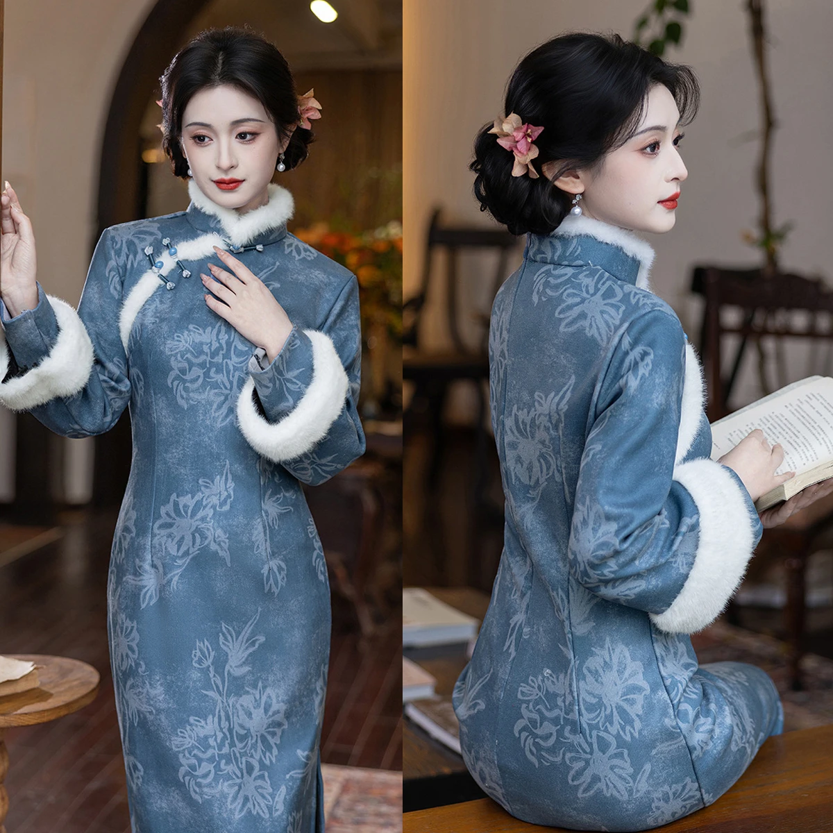 

Ретро-одежда к Китайскому Новому году: повседневный жилет-ципао с цветочным принтом для осени и зимы, утепленный, женский, в стиле Ханьфу, вечернее платье-жилетка