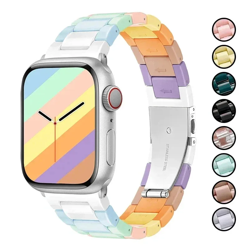 

New Rainbow Color Resin Strap For Apple Watch 41mm 45 44 40 49 mm Macaron Girl Watchband For iWatch 8 7 6 5 4 3 Band Accessories