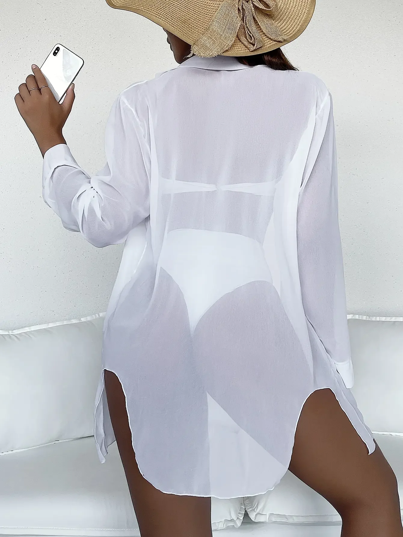 Plain Open Front Kimono Beach Cover Up Women Long Sleeve Tunic Dress 2024 Swimsuit Swimwear Bathing Suit