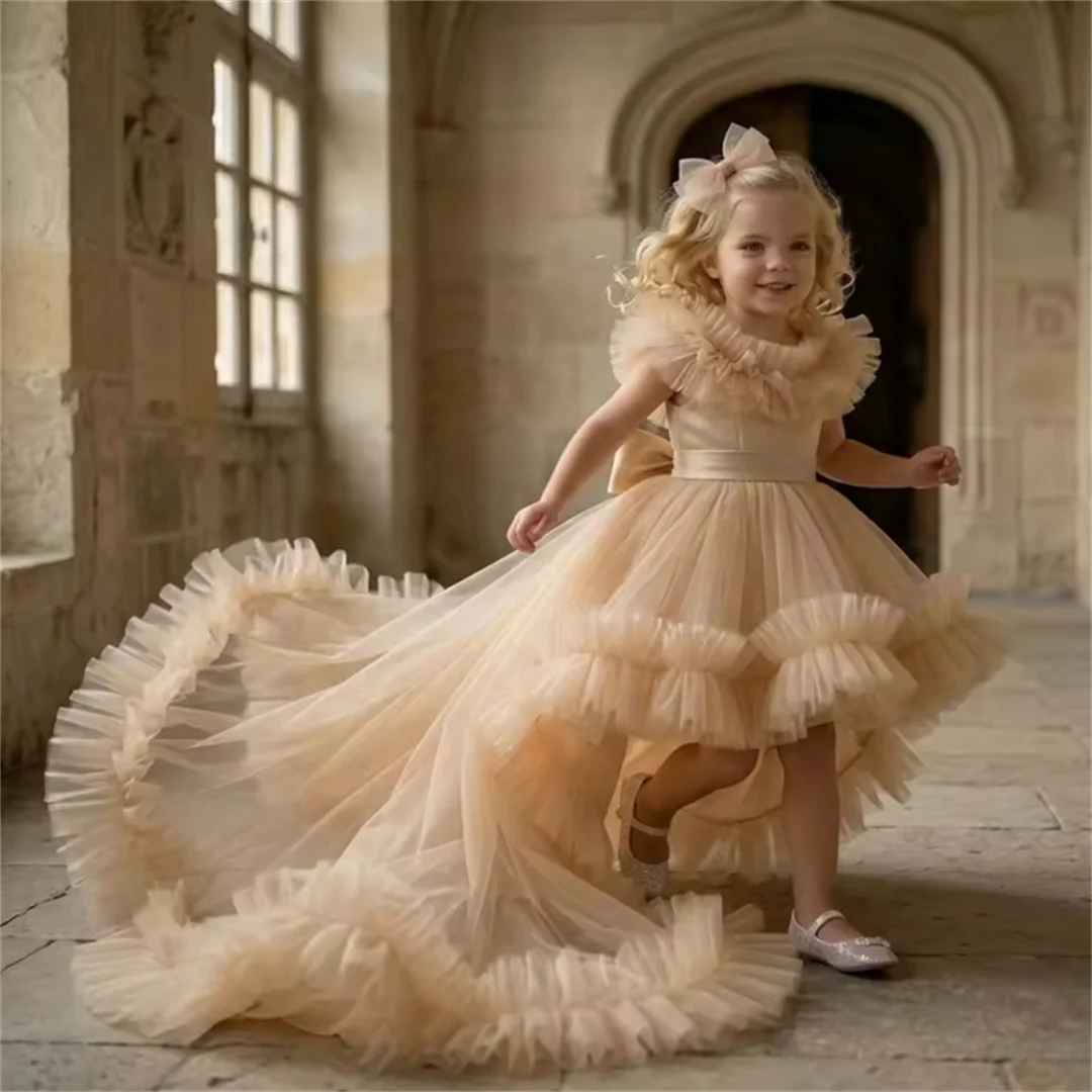 Customized Flower Girl Dresses Champagne Tulle Tiered With Bow And Trailing For Wedding Birthday Party Prom Banquet Ball Gown