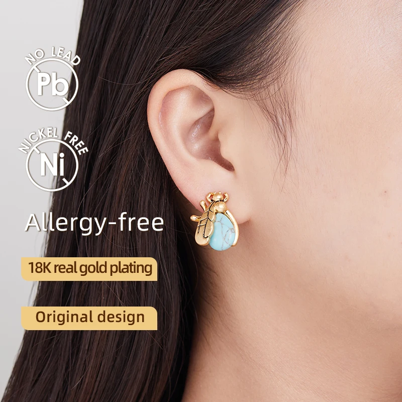 LEWIS SEGAL Blue Turquoise Bee Stud Earrings for Women Independent Girl Luxury Medieval Style Fine Jewelry 18K Gold Plated