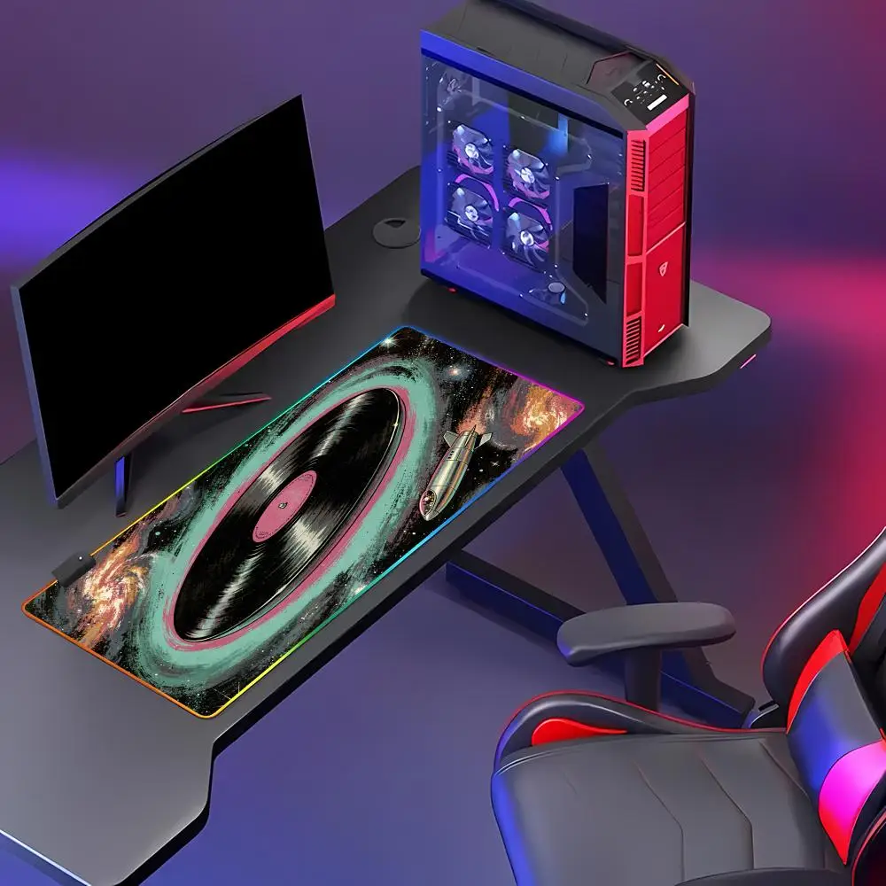 HYBXAXC Retro Vinyl Record Galaxy Space RGB Gaming Mouse Pad HD Gamer Large LED Light XXL PC Computer