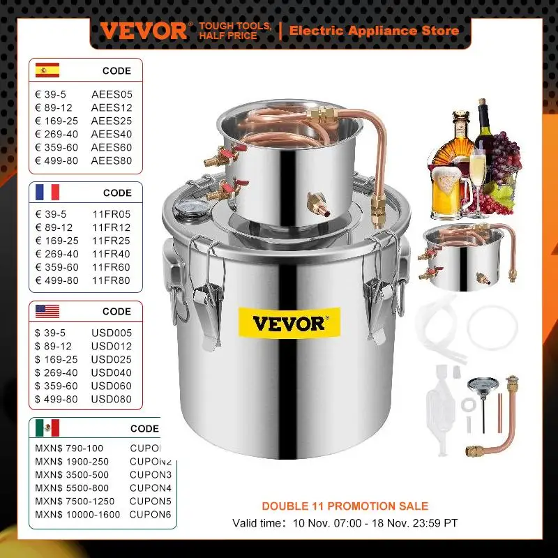 VEVOR  8  Gal Distiller Alambic Moonshine Alcohol Still Stainless Copper DIY Home Brew Water Wine Essential Oil Brewing Kit