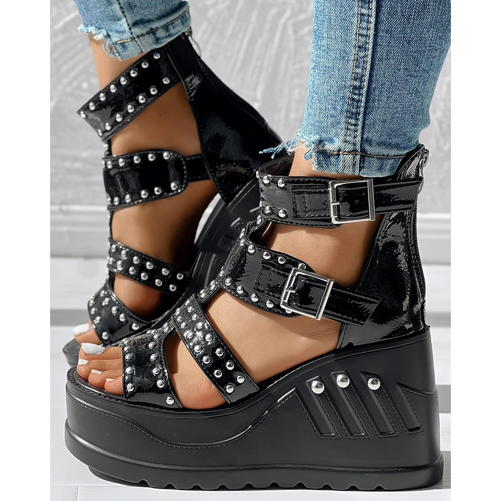 Fashion Women Peep Toe Wedge Black Sandals Lady Summer Casual Going Out Studded Design Sandals Ankle Buckle Shoes Party