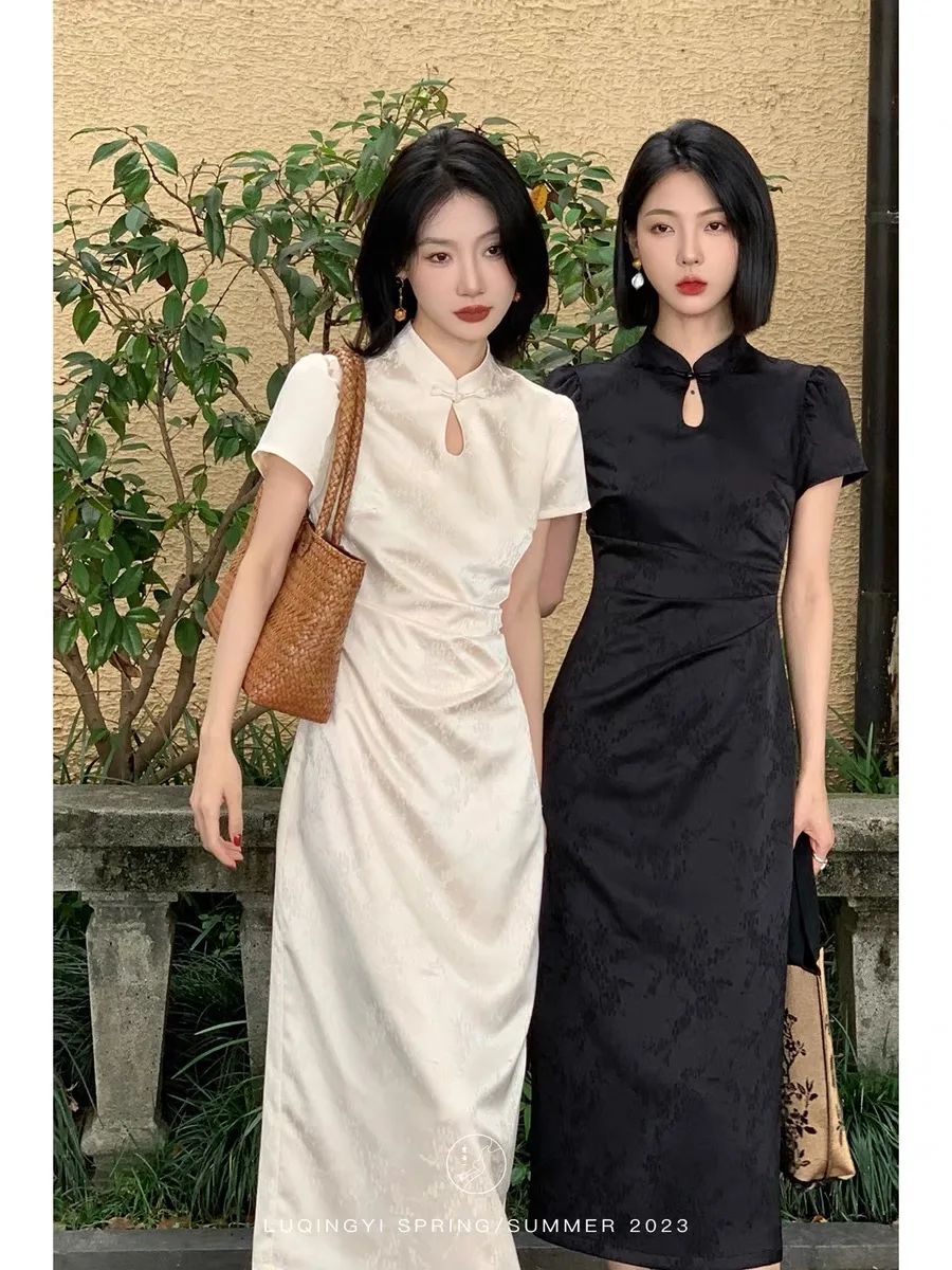 

Women Black Dress 2024 New Cheongsam Brief Solid Chiffon Short Sleeve Garment Sleeve Beige Qipao Dresses