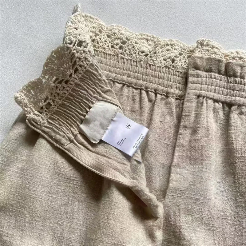 กระโปรงผู้หญิง กระโปรงยาวลูกไม้ปะติดปะต่อใหม่สำหรับฤดูใบไม้ร่วงปี 2025 ผ้าฝ้ายผสมป่าน กระโปรงทรงดินสอเอวยางยืดสำหรับผู้หญิง y2k