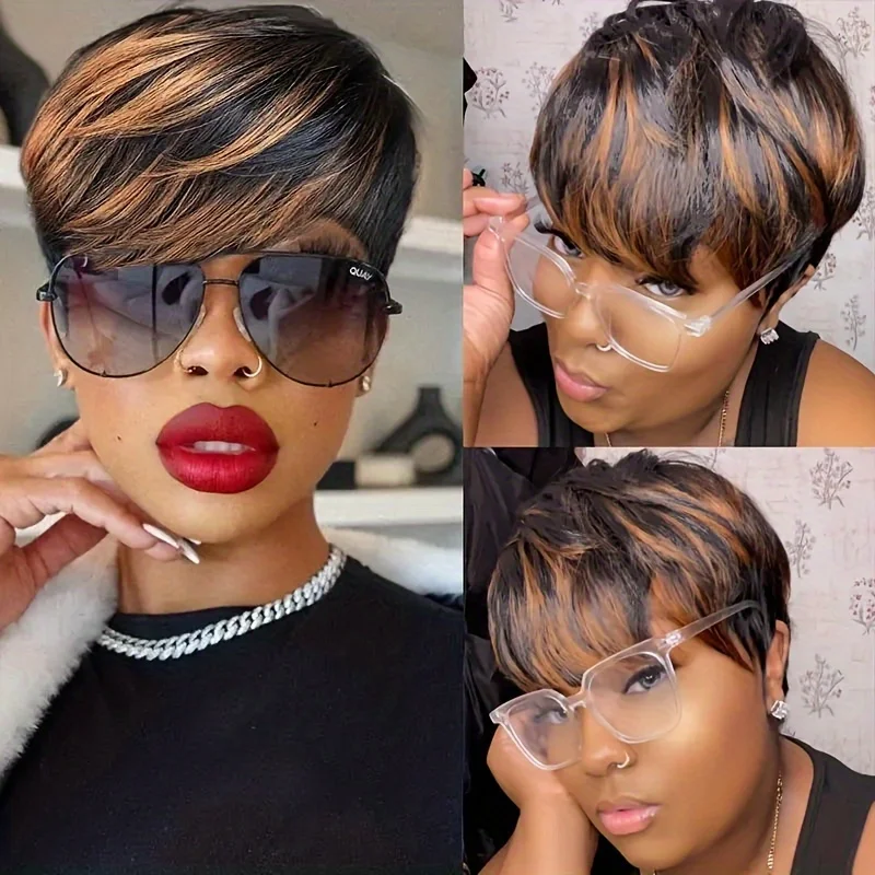 픽시컷 믹스 컬러 헤어스타일 짧은 스트레이트 인모 가발 (앞머리 포함) 여성용