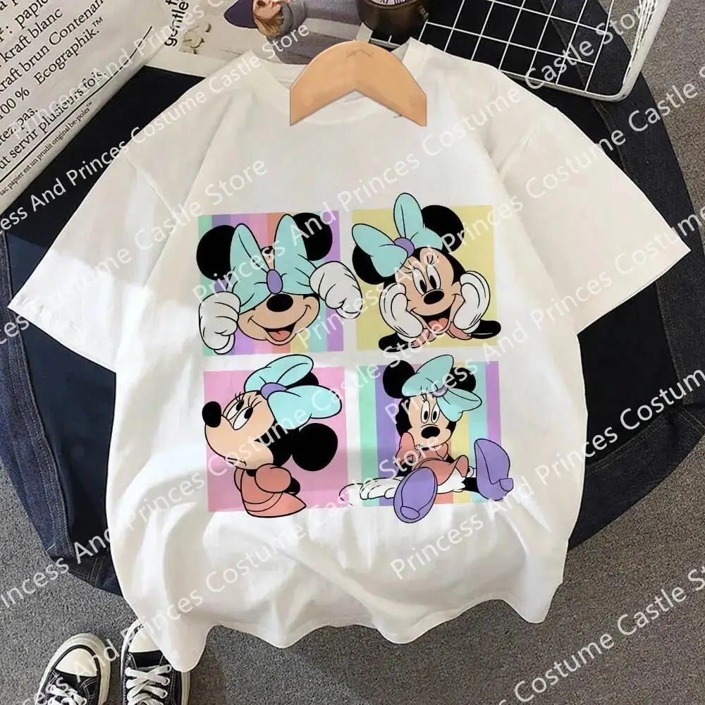 Summer Minnie Children Cotton T-shirt Kawaii Disney T Shirt Mickey Mouse Anime Cartoons Casual Vintage Clothes Kid Girl Boy Top