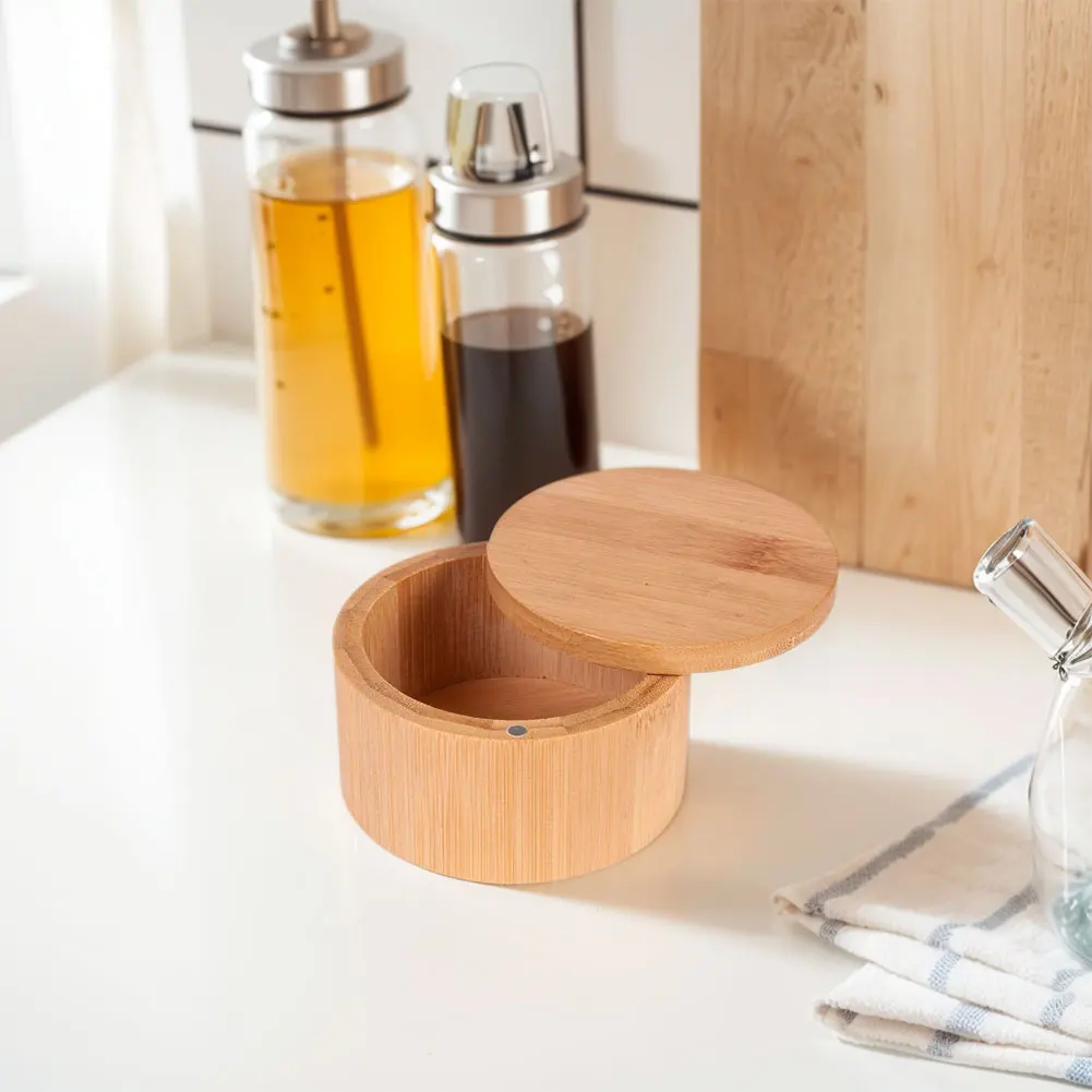 Bamboo Salt Cellar with Swivel Magnetic Closure Lid Bamboo Storage Box Round Salt Container for Storing Salt Pepper Sugar Herbs