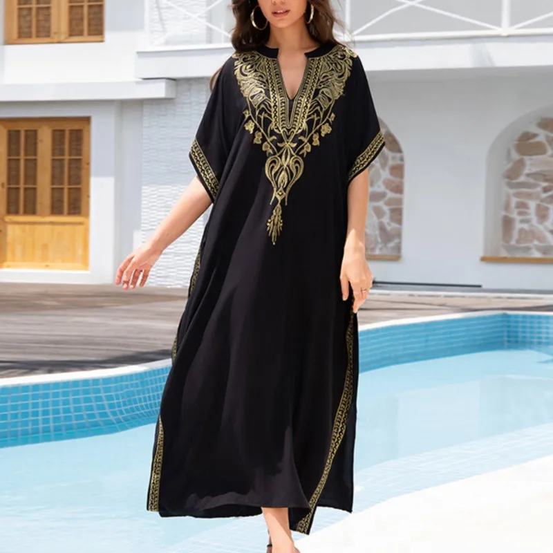 Abito Boho Moda donna Cotone ricamato Spiaggia Protezione solare Abiti per donna Abito ampio Bikini Costume da bagno Camicetta esterna