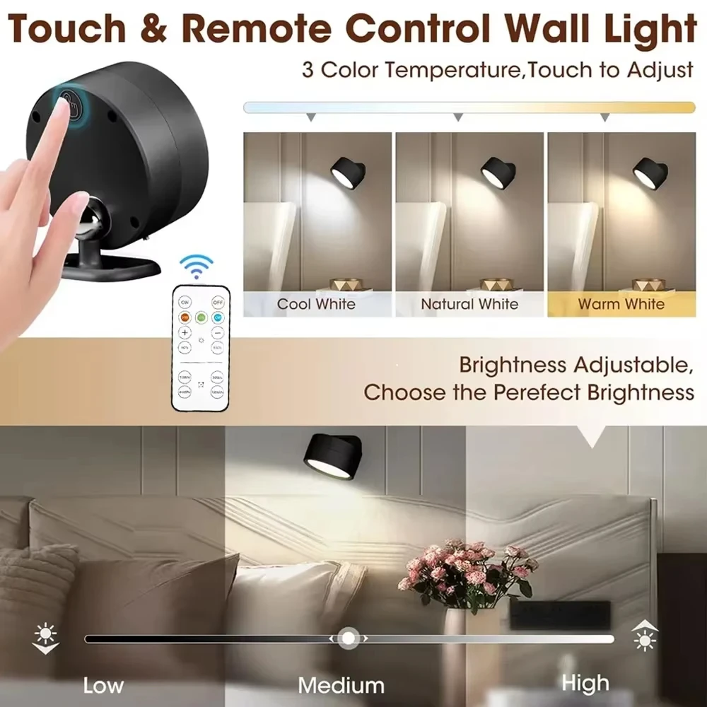 LED Wall Lights with Remote, Rechargeable Wall Mounted Reading Sconces Lamp 2000mAh, 3 Colors & Dimmable Magnetic 360° Rot view 6