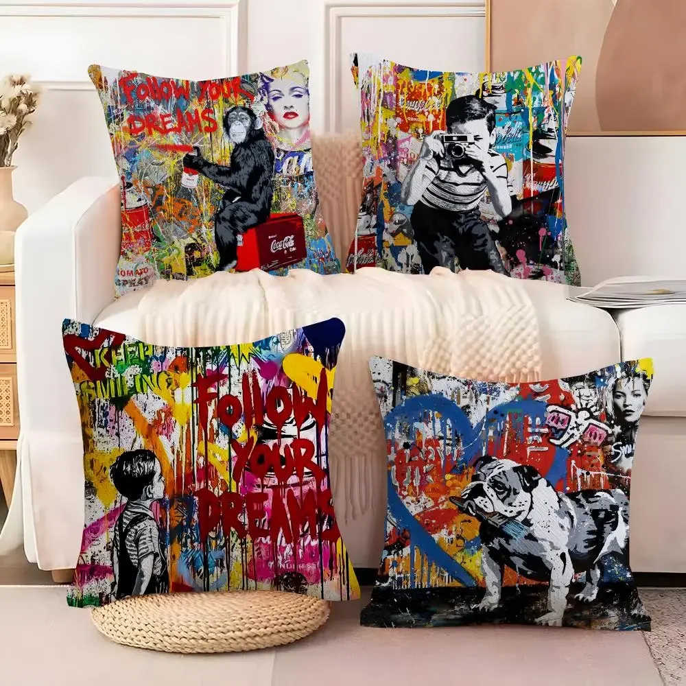 B-Banksy Street G-Graffiti Art Cushion Cover Soft Plush Sofa Cushion Cover｜Double-Sided Decorative Pillow Case｜Warm Home Gift