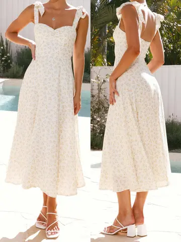 Elegant V-Neck Maxi Dress Sleeveless Ruffle Hem Evening Gown with Floral Print for Wedding Guest or Prom Party