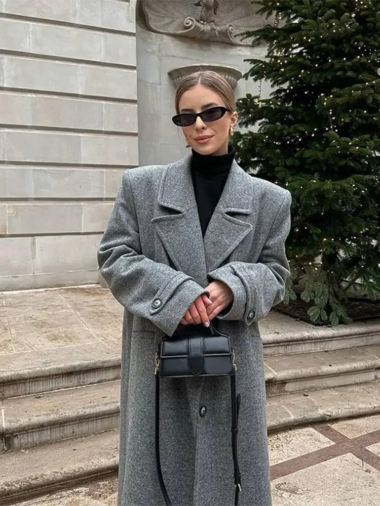 Fashion Woman Solid Color Full Sleeve Overcoat Elegant Shoulder Pad Single Breasted Long Coat 2024 New Lady Commuter Outerwear