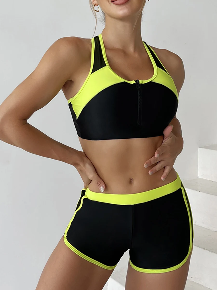 Conjunto de Bikini con cremallera para mujer, bañador de dos piezas con pantalones cortos, traje de baño deportivo para mujer, ropa de playa 2024