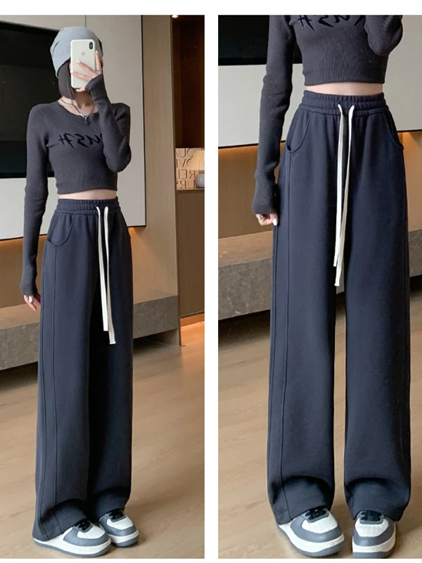 Gray High Waist Draped Sport Pants Women's Summer Thin Straight Leg Wide Leg Pants Small Size Spring Autumn Casual Sweatpants