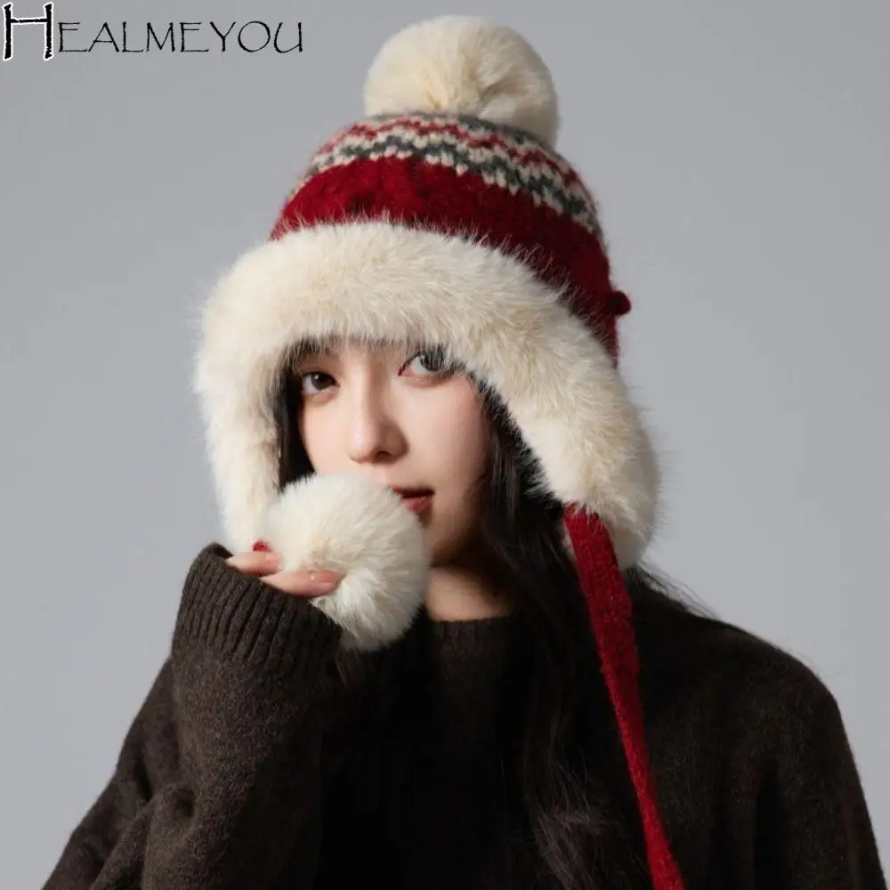 

Повседневная теплая жаккардовая вязаная шапка в этническом стиле с принтом, защитная шапка для ушей, корейская винтажная шапка Lei Feng, аксессуары для одежды