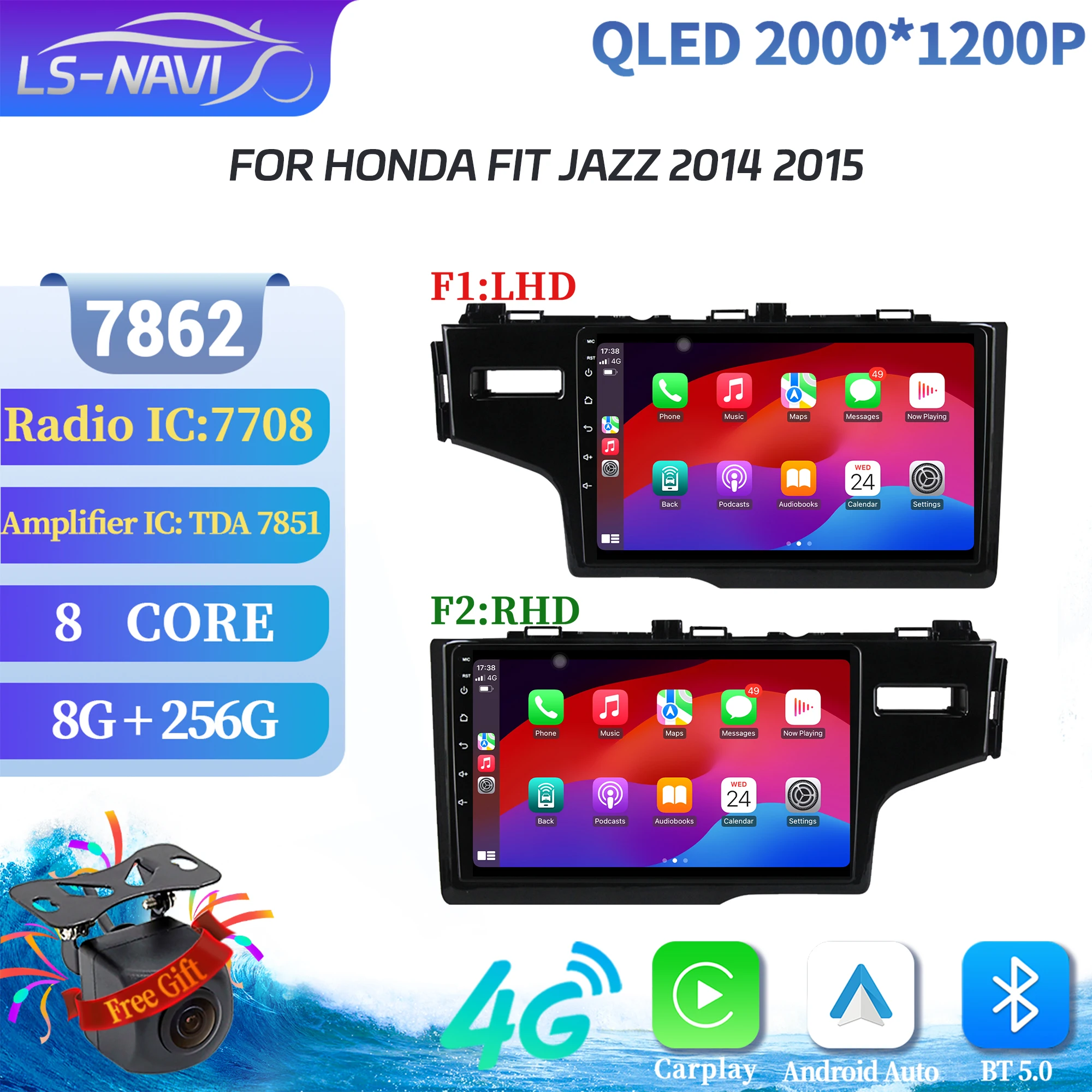 

For Honda FIT JAZZ 2014 2015 Navigation Wireless CarPlay Car Radio Multimedia Navigation Android 14 System 7862S 2K QLED Screen