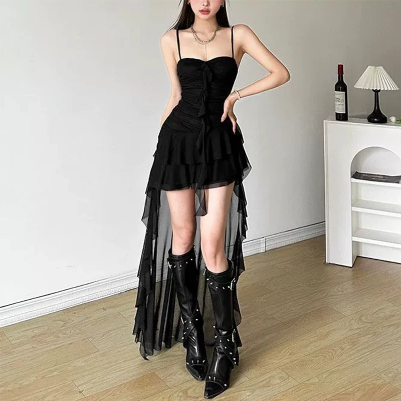 Mode Sexy Spaghetti Strap Rüschen Unregelmäßige Bodycon Party Club Abendkleid Frauen Mesh Hosenträger Frühling Sommer Urlaub Strand