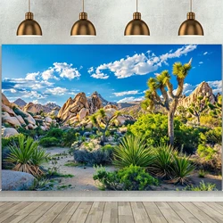 Multi functional desert landscape background banner with cacti, sandstone, and mountain views - polyester fiber