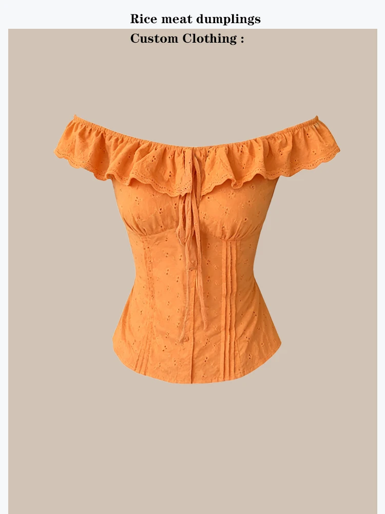 

Unique Summer Orange Vitality Women's Shirt Slim Fit Cotton Short Sleeve French Style Bouffant Collar White Enhancing Top