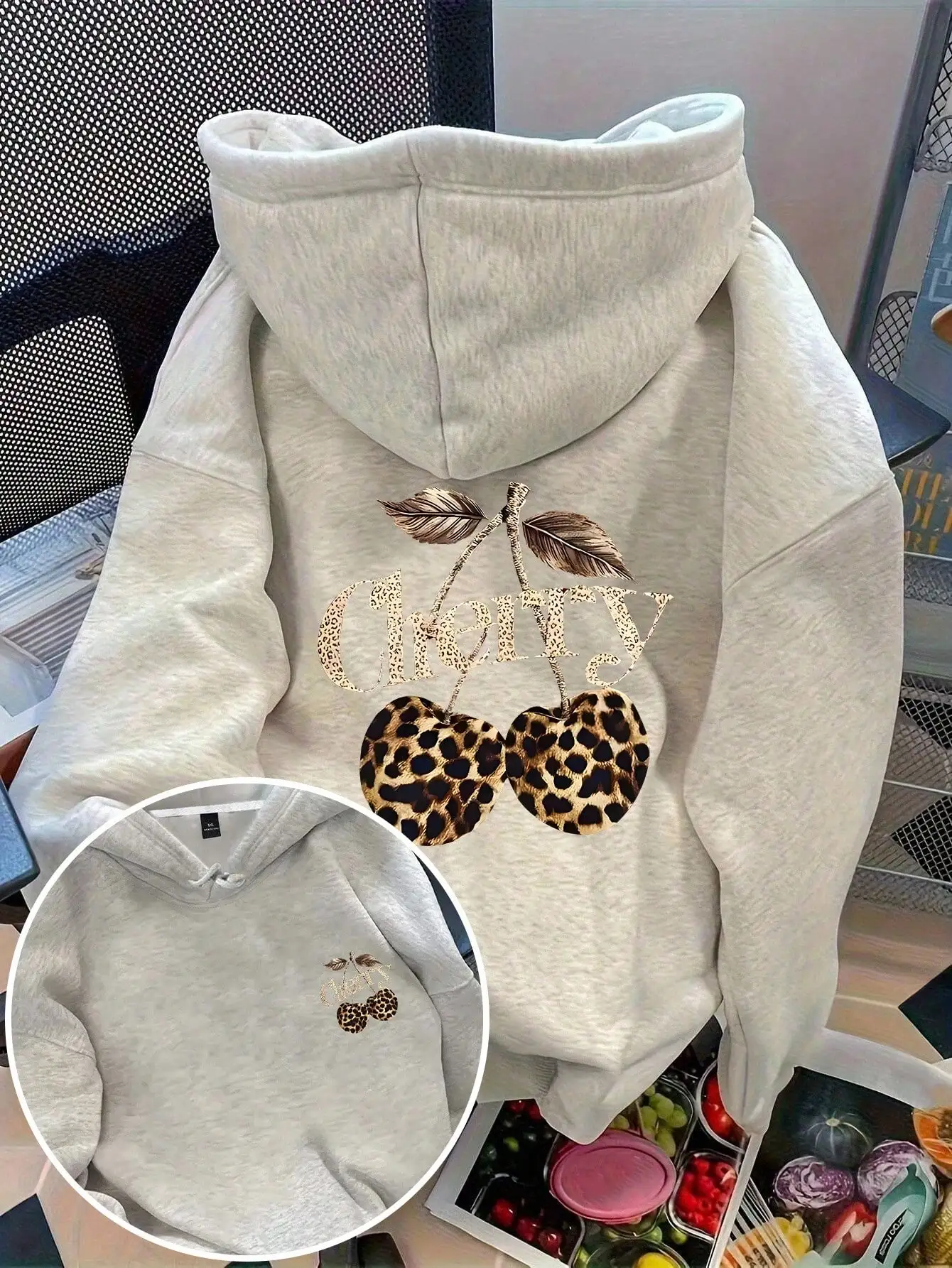 

Oversized Leopard Cherry Print Hooded Sweatshirt for Women, Casual Autumn Winter