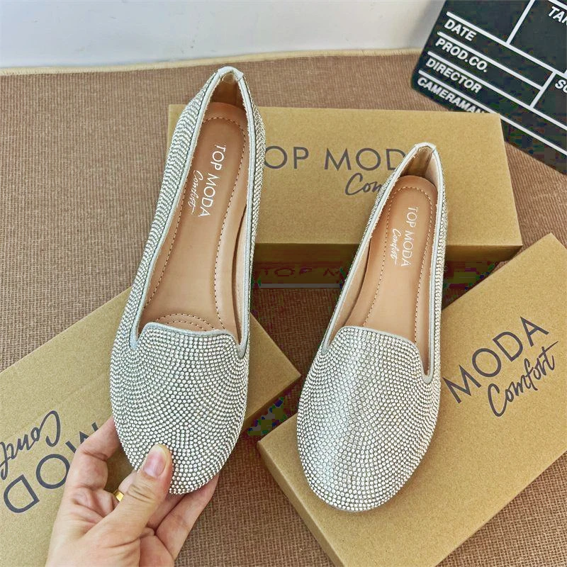 Rhinestone Shiny Loafers Shoes for Women Casual Streetwear Silver Flats Shoes Luxury Diamond Soft Black Ladies Shoes on Offer