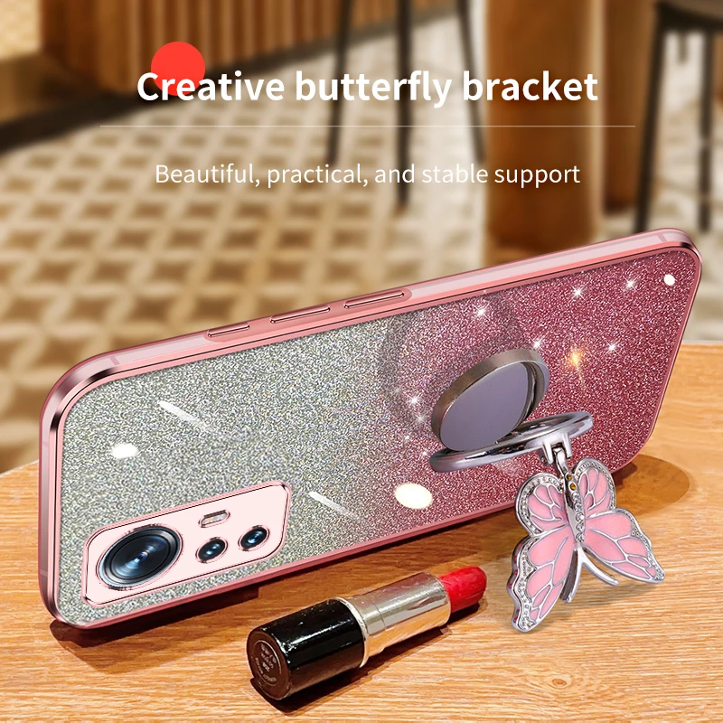 Mi 12 Cover For Xiaomi 12 12S 12X Gradient Glitter Butterfly Bling Folding Stand Plating Back Case Cover Xiaomi Mi12