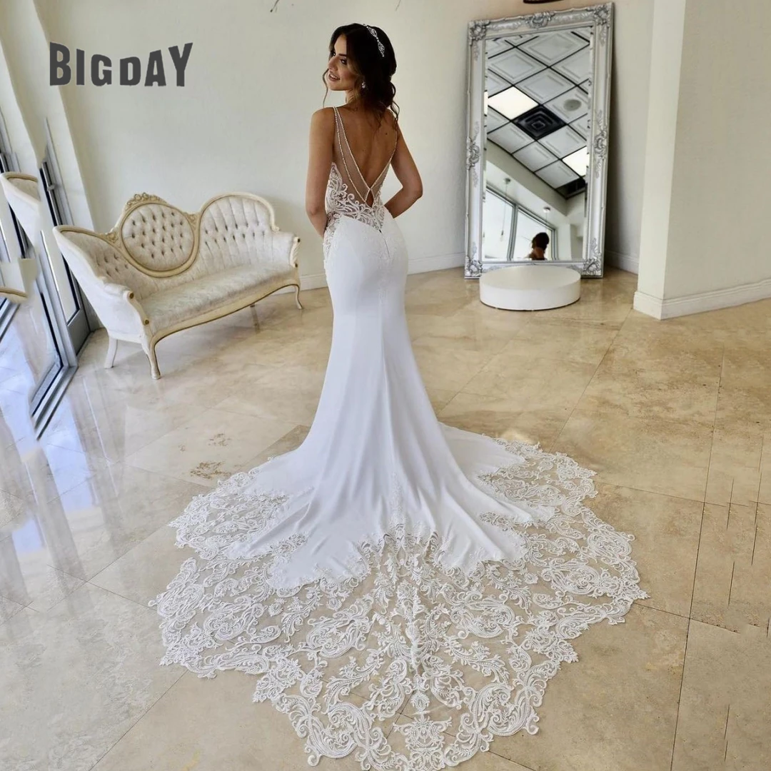 Exquisite Wedding Dress For Woman Spaghetti Straps V-Neck Open Back Lace Appliques Sweep Train Bride Gowns Vestido Custom Made