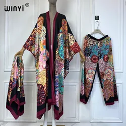 WINYI klasyczne artystyczny nadruk kimonos 2-częściowe zestawy damskie strój długi sweter i szerokie spodnie nogi zestawy eleganckie okrycie plażowe sukienka