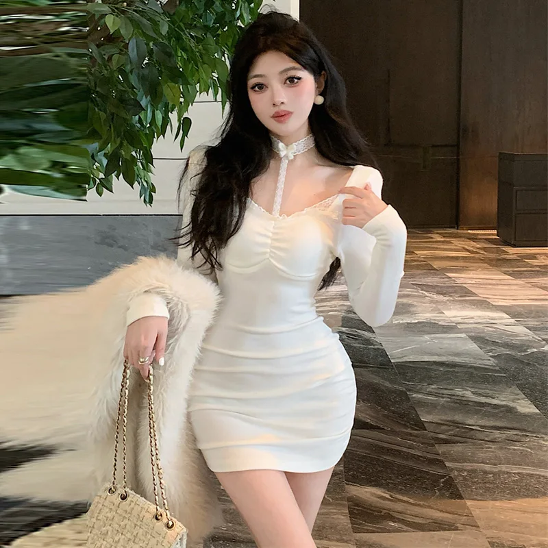 

Ele Pure Desire Lace Trim Long Sve Dr Ne Hanging Women's ort Skirt with Chest Pad Base Body Covering Wrap around