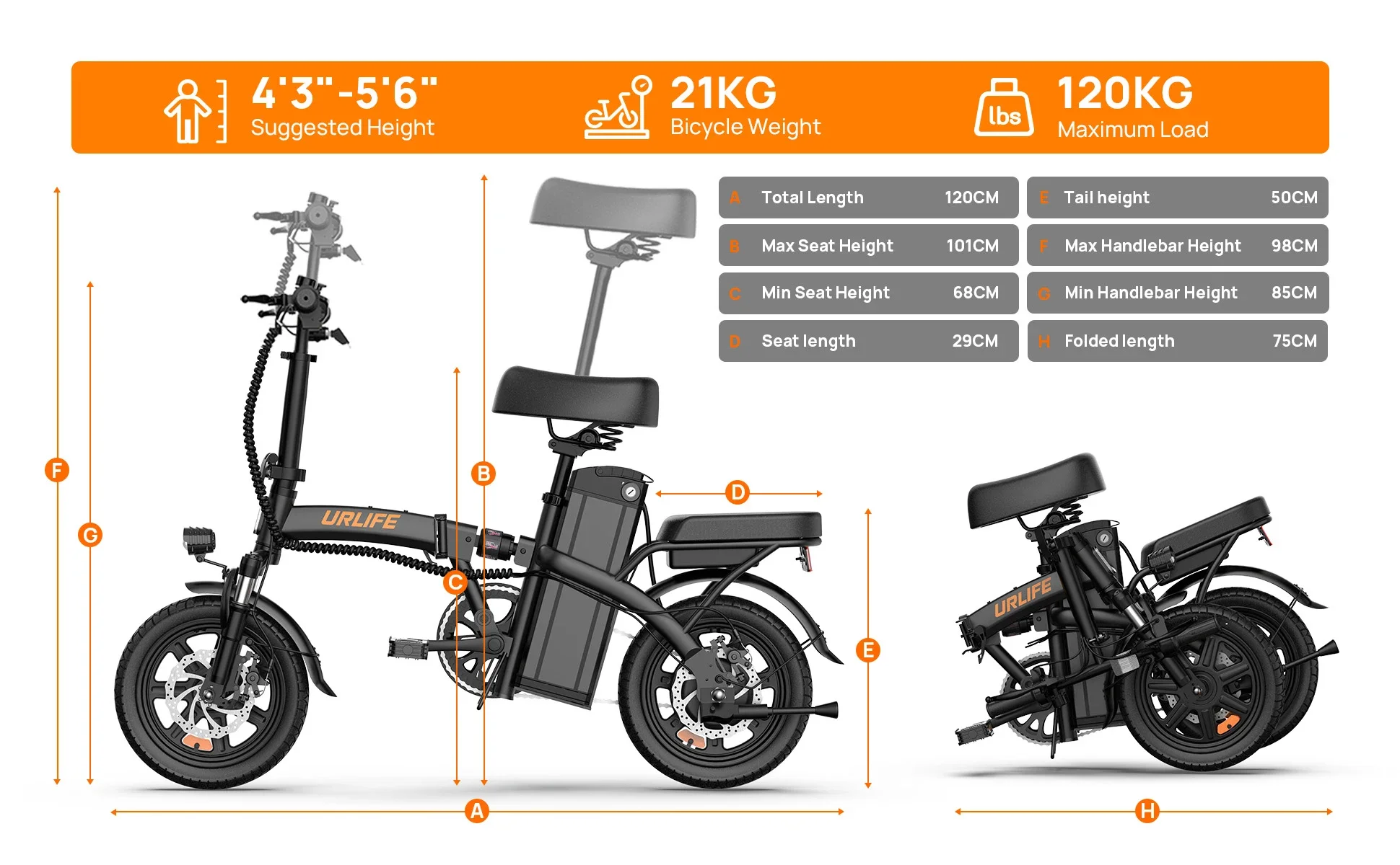 URLIFE F1L Unisex E-Bike mit 250W Motor, 48V 7,5AH herausnehmbarem Akku, 14-Zoll-Reifen und 3 Fahrmodi – Detail 4
