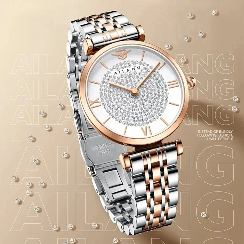 AILANG-8006 Luxury Women's Watch Rose Gold Two-tone Bracelet Bling Diamond Dial Roman Markers Waterproof Clock