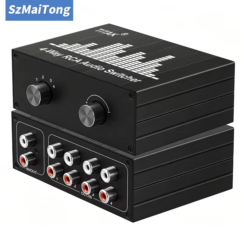4-Port RCA L/R Audio Switcher Bi-Directional 1-in-4-out 4-in-1-out Splitter for Active Studio Monitor Speakers Pro