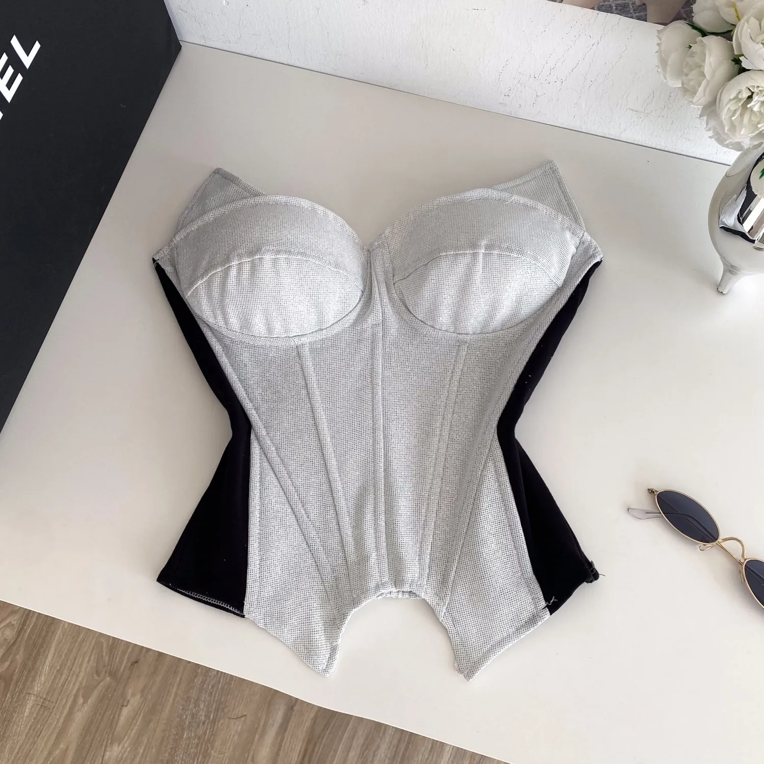Sexy Asymmetrical Unique Spliced Slim Tube Top Chic Strapless Crop Top Corset Bustier Cami  Slim Tank Top