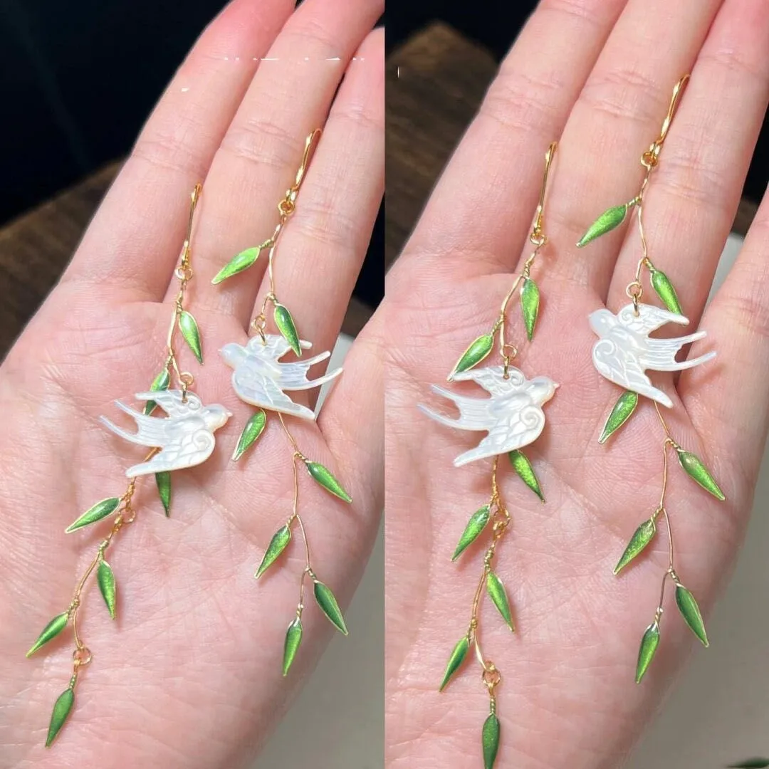

Аксессуары в китайском стиле HanFu, серьги-подвески с маленькими птичками для женщин, серьги-подвески с зелеными листьями и кисточками, изысканные ювелирные изделия, подарок